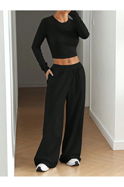 yx yustex sport Γυναικείο μαύρο παντελόνι μεγάλου μεγέθους, φαρδιά γραμμή, ελ...