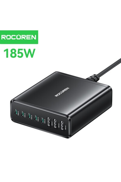 Rocoren 185W 8 Portlu GaN Şarj Cihazı 5*Type-C 3*USB-A Notebook iPhone Samsun...