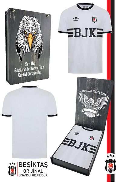 Beşiktaş قميص Bjk الأبيض الأصلي المرخص من Nostalji مع صندوق خشبي مطبوع عليه Bjk Eagle