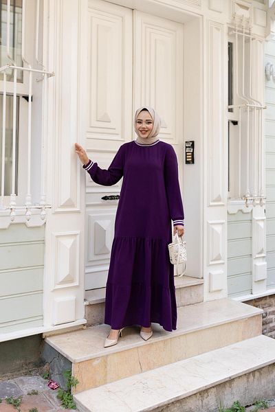 Hb Harma Time Butik Women's Layered Ribbed Burgundy Hijab Dress