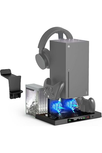 LEBLOU Stand de răcire și încărcare pentru Xbox Series X cu cârlig pentru căști și spațiu de depozitare pentru jocuri