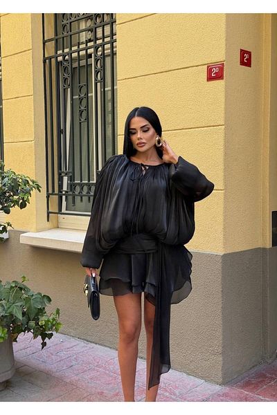 Bak'ap Premium Trend Rochie din țesătură strălucitoare, cu mâneci balon, cu fustă, pantaloni scurți cu volane
