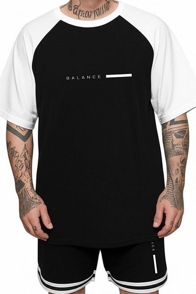 CAST COLLECTİON Men's Black-White Raglan Sleeve Oversize Tshirt Black Extraforlu Shorts Balance Set