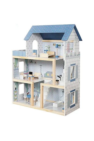 LikeSmart Casuta de papusi din Lemn MDF LittleONE XXL, Banda LED, 4 camere, balcon, 3 etaje, 80 cm,