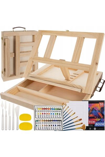 LikeSmart Set pentru pictura din lemn "Likesmart Painting Suitcase", 46 piese, Valiza cu Sevalet, 9 pensule, c