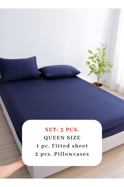 LUNA HOME 3pc Queen Size Fitted sheet with elastic corner 160*200 + 30 cm with 2 pillow cases, dark blue color