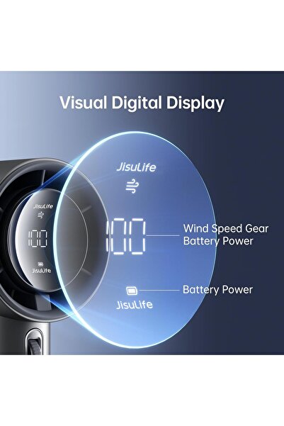 JISULIFE Portable Handheld Turbo Fan FA53 - 1-100 Speed, 5000mAh, Metal Body, Digital Display - Grey
