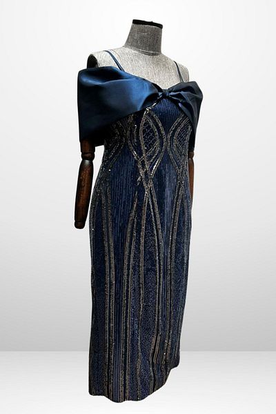 By Saygı Women's Thin Strap Satin Bow Boat Neck Sequin Embroidered Lined Plus Size Midi Dress