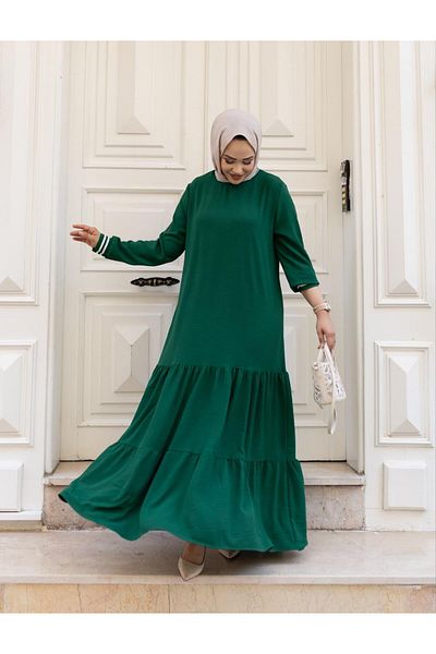 Hb Harma Time Butik Women's Layered Ribbed Green Hijab Dress