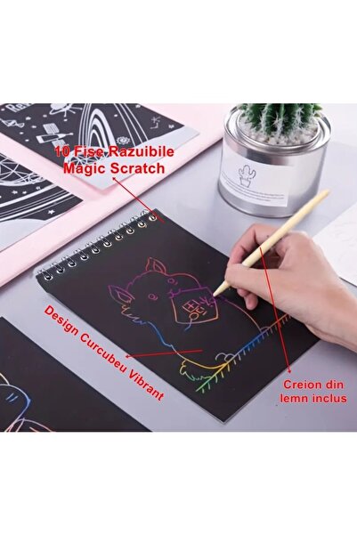 Flippy Scratch Book, DIY Magic Scratch, 12 Sheets, Rainbow, Wooden Pencil, Black Cards, red