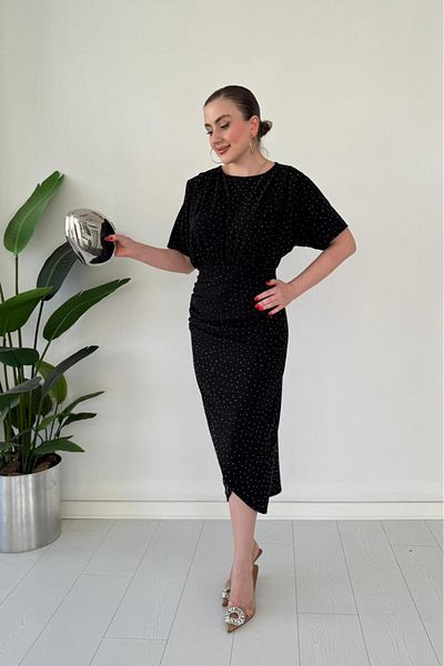 MaziButik Wrap Glitter Crepe Dress Black