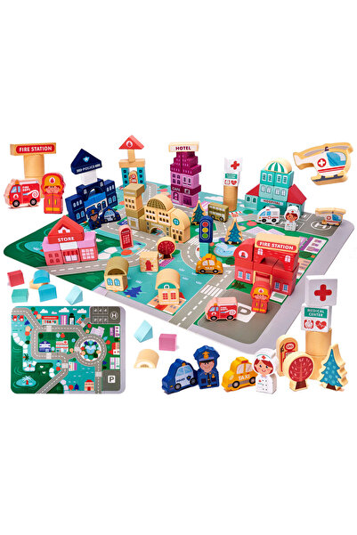 İSP Set constructie cuburi din lemn "Puzzle City 6199", 100 Piese, dezvolta inteligenta si indemanar