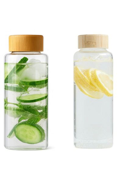 PUFO Sticlă hidratantă pentru apă sau lichide din material borosilicat, capac din bambus, 1L