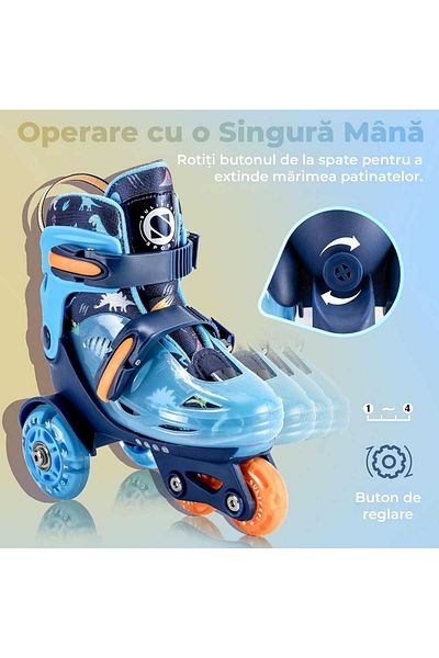 Elindor Role reglabile pentru copii, 4 roți iluminate, stabilitate triunghiulară, model dinozaur, mărimea XS, albastru