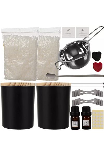 LikeSmart Kit DIY pentru creare lumanari, 36 elemente, 2 Borcane cu capace reutilizabile, 2 Uleiuri