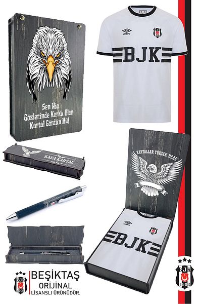 Beşiktaş طقم قميص Bjk أبيض نوستالجيا مرخص أصلي + مجموعة أقلام حبر جاف هجينة مع صندوق هدايا