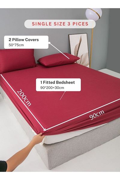 LUNA HOME Single Size 3 Piece Set, Bedsheet with 2 Pillow Cases, Berry Red Color, Satin Striped Design