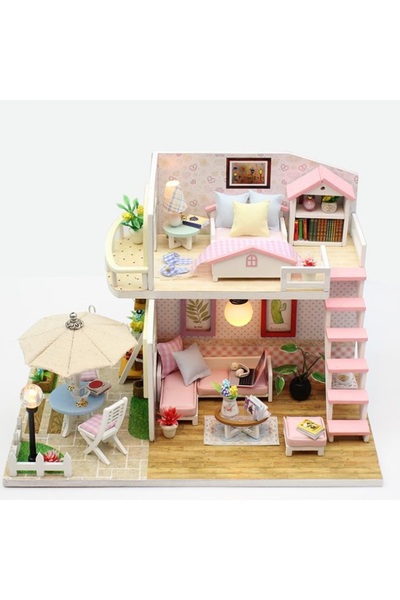 İSP Macheta casuta gata de auto-asamblat din Lemn "LikeSmart Pink Villa 6996"...