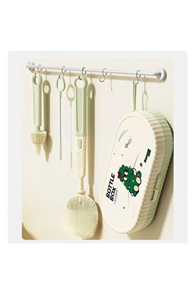 Flippy 7-Piece Portable Bottle Cleaning/Drying Set, Silicone Brushes, Storage Box, 20 x 9.5 cm, Gree