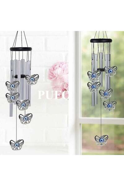 PUFO Wind chime with 5 silver metal sound tubes for home or garden, Feng-Shui model with 6 butterflies