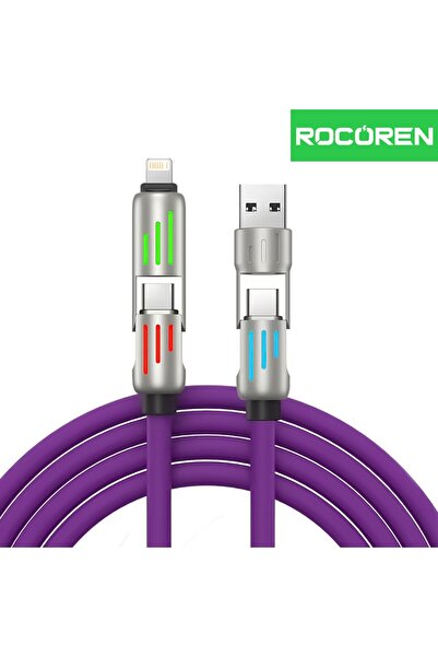 Rocoren 240W 4'ü 1 Arada Type-C / USB-A / Lightning Mor Silikon Şarj ve Data ...