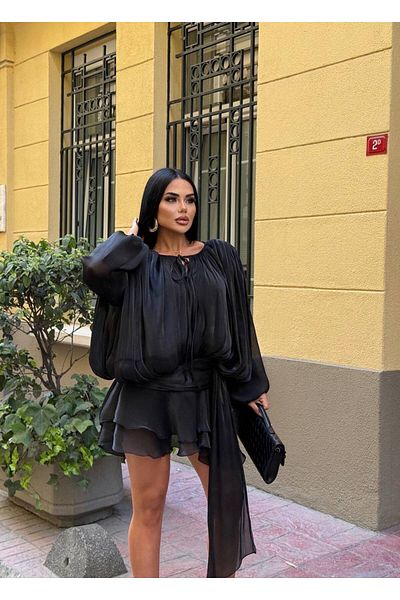 Bak'ap Premium Trend Rochie din țesătură strălucitoare, cu mâneci balon, cu fustă, pantaloni scurți cu volane