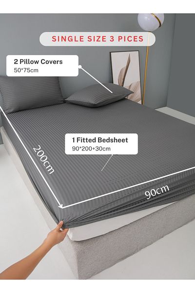 LUNA HOME Single Size 3 Piece Set, Bedsheet with 2 Pillow Cases, Dark Gray Color, Striped Design