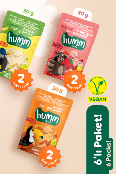 Humm Organic Organik Glutensiz Vegan Muz Çilek ve Mango Mini Küpler Atıştırmalık Paketi - 6 adet (3 çeşit)