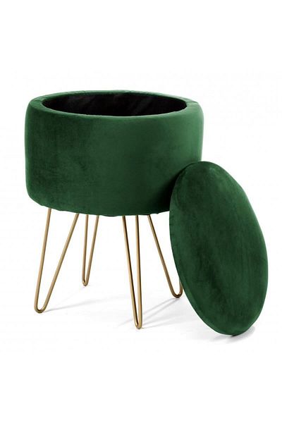 Mercaton Taburet, rotund, cu spatiu depozitare, catifea, verde, max 90 kg, 35x35x45 cm, Lilli