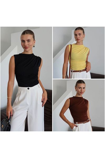 Patreon Women's Sandy Fabric Cross Drawstring Detailed Set of 3 Sleeveless Blouse