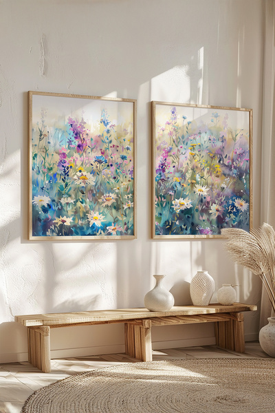 STARYUNA Yağlı boya efektli çiçekli tablo, ahşap çerçeveli 2'li tablo seti Yu...