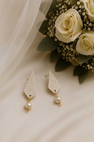 Lu Atelier Serel - Handmade White Bridal Earrings with Pearl Detail |   Polymer Clay Minimal Design
