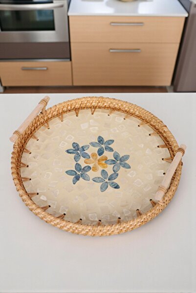 oceanpoint Handmade Pearlescent Rattan Serving Tray Bohemian Stylish Table Presentation Product 30 cm