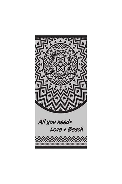 Welora Beach Towel with Mandala Design and Message 'All You Need=Love+Beach', 180x100cm, Gray