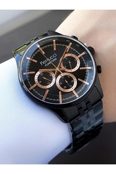 Ferrucci Function Men's Wristwatch Black Dial Rose Detailed Functional Black Metal Cord
