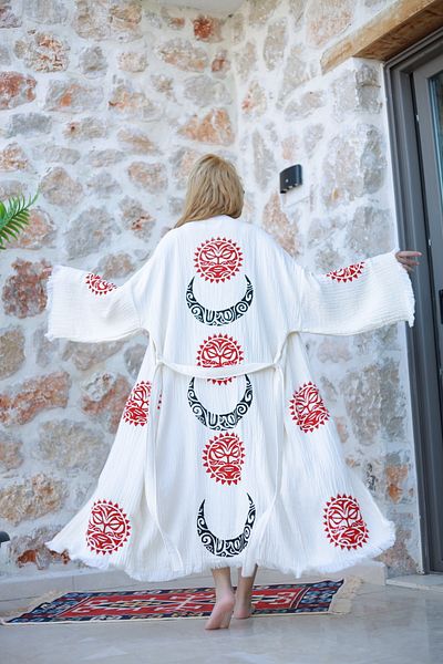 Befera Design Kimono de muselină 100% bumbac, soare și lună, cu model imprimat, halat de baie, caftan