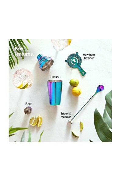 VonShef Set cocktail Iridescent 1000329, 8 piese, shaker 500 ml, ghid de retete, din otel inoxidabil