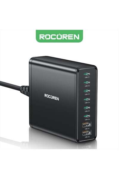 Rocoren 200W GaN 8 Portlu Şarj Cihazı 6*Type-C 2*USB-A Macbook iPhone Samsung...