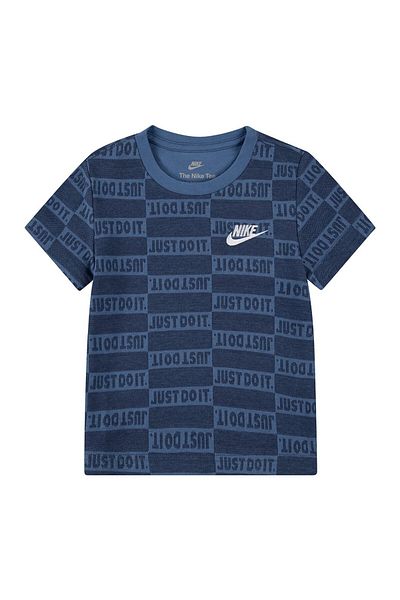 Nike Cotton Blend Just Do It All Over Printed & Logo Embroidered Short Sleeves T-Shirt Navy