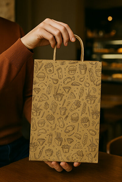 HDF PAZARLAMA 50 ADET Fastfood DESENLİ 29*15*29 KRAFT ÇANTA