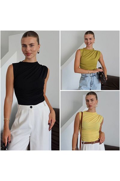 Patreon Women's Sandy Fabric Cross Drawstring Detailed Set of 3 Sleeveless Blouse