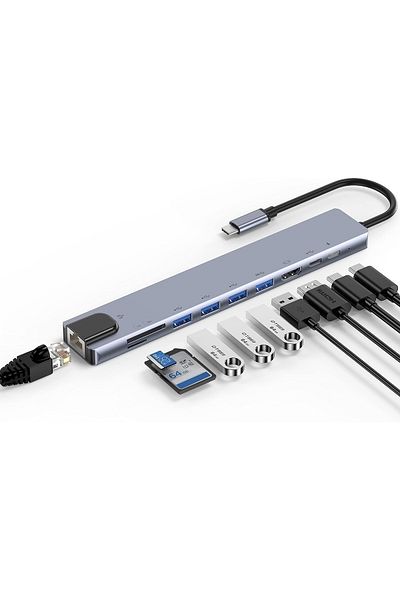 Axeloni ® 10-in-1 USB-C Hub, 4K HDMI, RJ45, 100W PD, USB 3.0, SD/TF Dock for Laptop/MacBook, Gray
