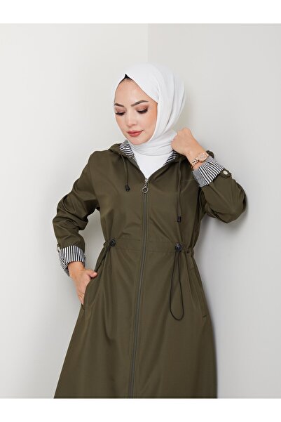 Hb Harma Time Butik Kadın Kapüşonlu Çizgi Detaylı Haki Bondit Kap