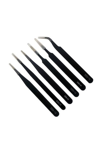 dalip Kit 6 fine antistatic tweezers, stainless steel, corrosion-resistant, Black