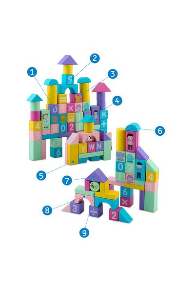 Ricokids Set 100 cuburi din lemn pentru copii Pastel Multicolor in galetusa de depozitare cu capac s