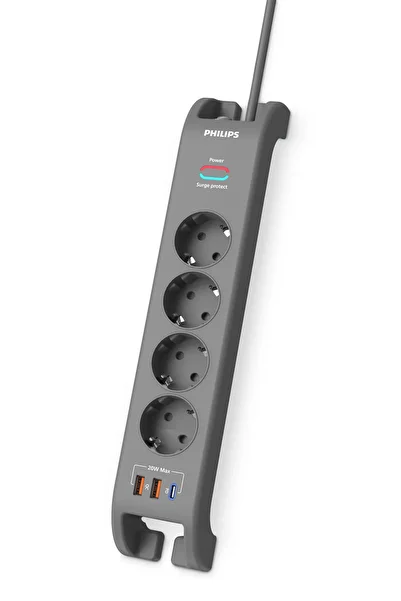 Philips SPN4140GA مقبس حماية من التيار 4 + 2x Usb-A 18W + 1x Usb-C 20W - كابل 2 متر - أسود