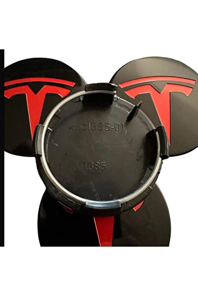 TESLA Set of 4 57mm Wheel Caps, Black/Red