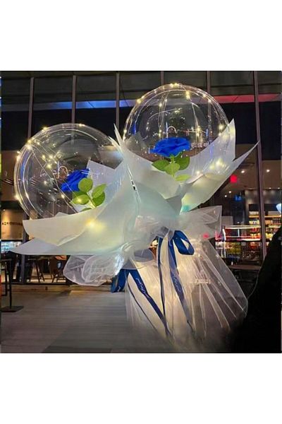 Flippy Balon LED cu lumini, trandafir, tip buchet, diametru 35 cm, albastru