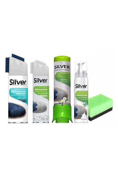 Silver Kit pentru încălțăminte nubuk/piele întoarsă: spumă, spray bleumarin, impermeabilizant, deodorant