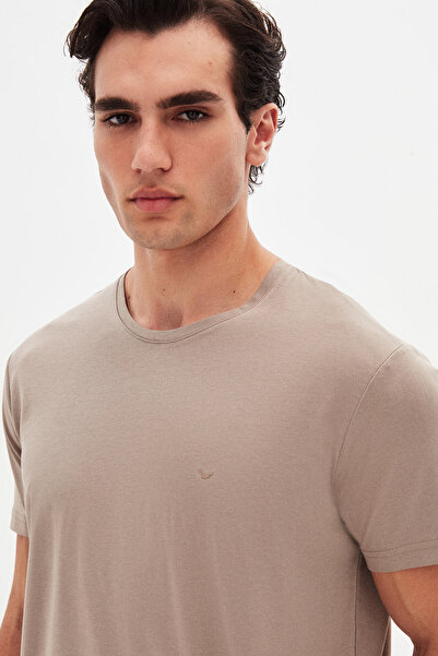 D'S Damat Ds Damat Regular Fit Mink Plain Embroidered 100% Cotton T-Shirt